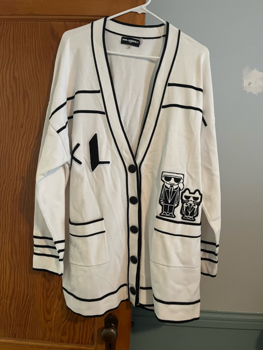 Karl Lagerfeld White  Cardigan with Black Trim and Heart Patch